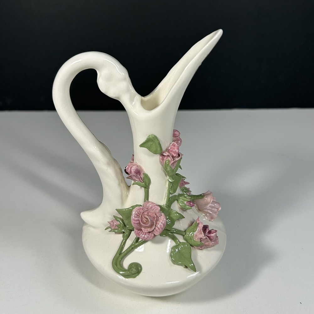 Capodimonte Style Pink Flowers Unmarked Pitcher Vase Porcelain Swan Handled 7"